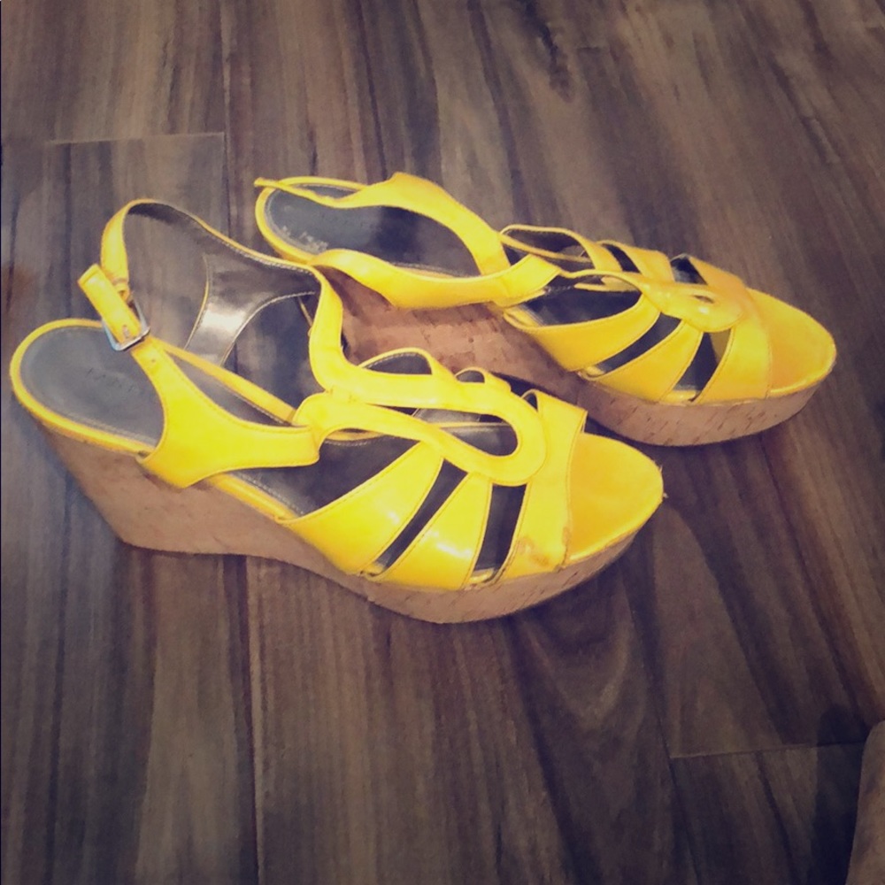 Marc Fisher yellow patent wedge sandals